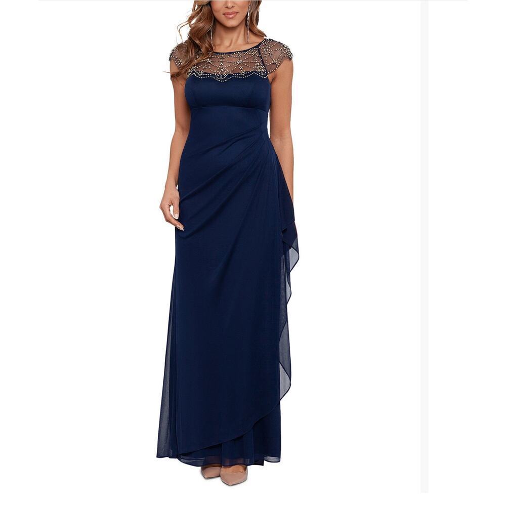 X By Xscape Embellished Illusion Neck Ruffle Gown Short Sleeves Navy Size 6 Nwt